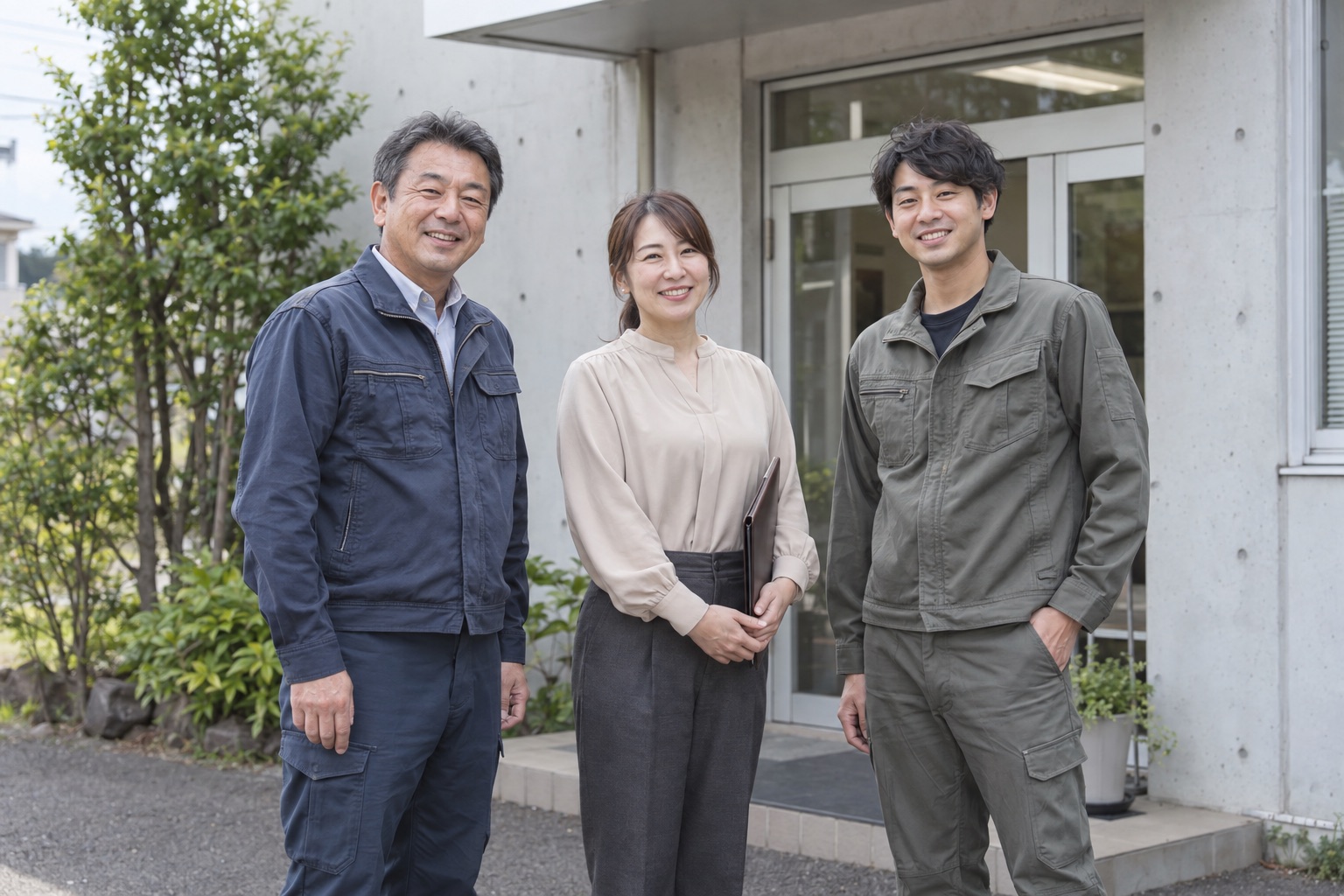 社屋前に並ぶ建設会社の社員3人のイメージ