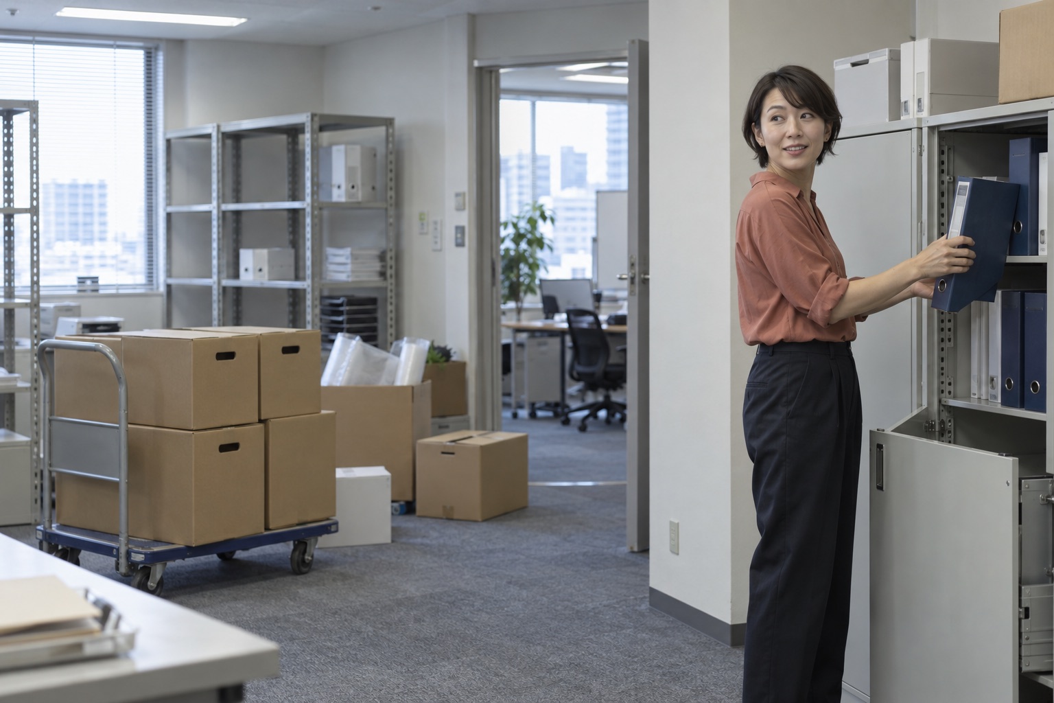 移転準備中の書庫でファイルを整理する総務担当者のイメージ