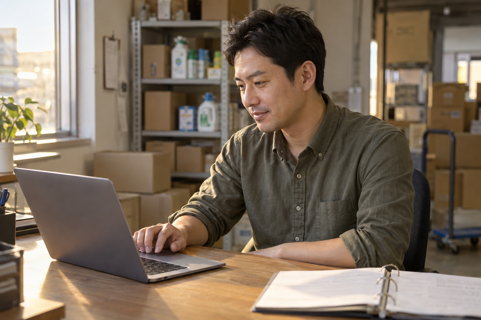 卸売会社の事務所でパソコンを確認する担当者のイメージ